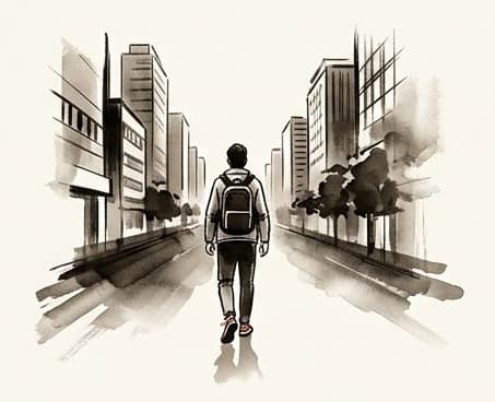 Ilustración en tinta china: una persona camina hacia una ciudad moderna
