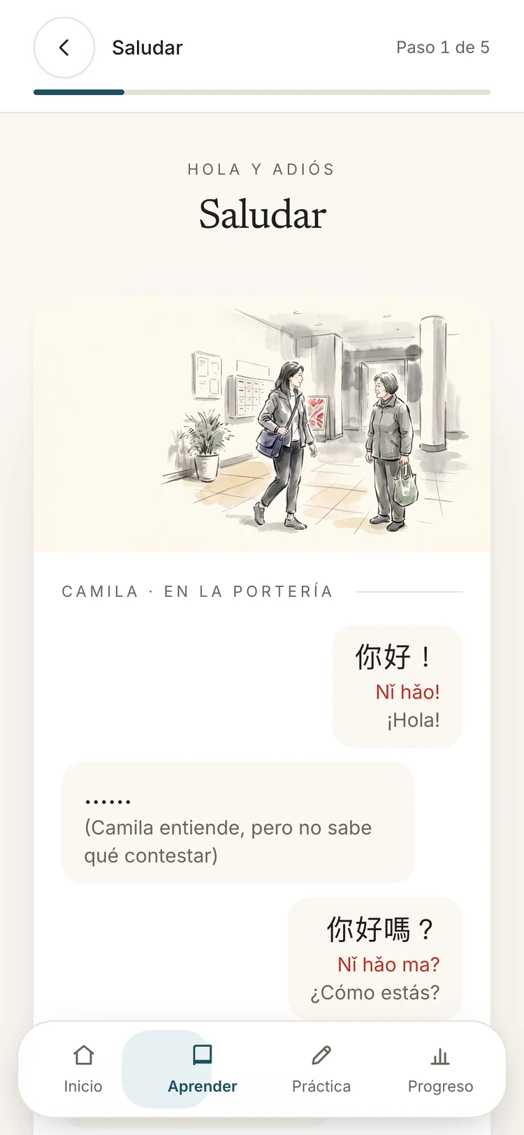 Un paso de la primera lección en la app: una escena ilustrada y el diálogo 你好!, Nǐ hǎo!, ¡Hola!
